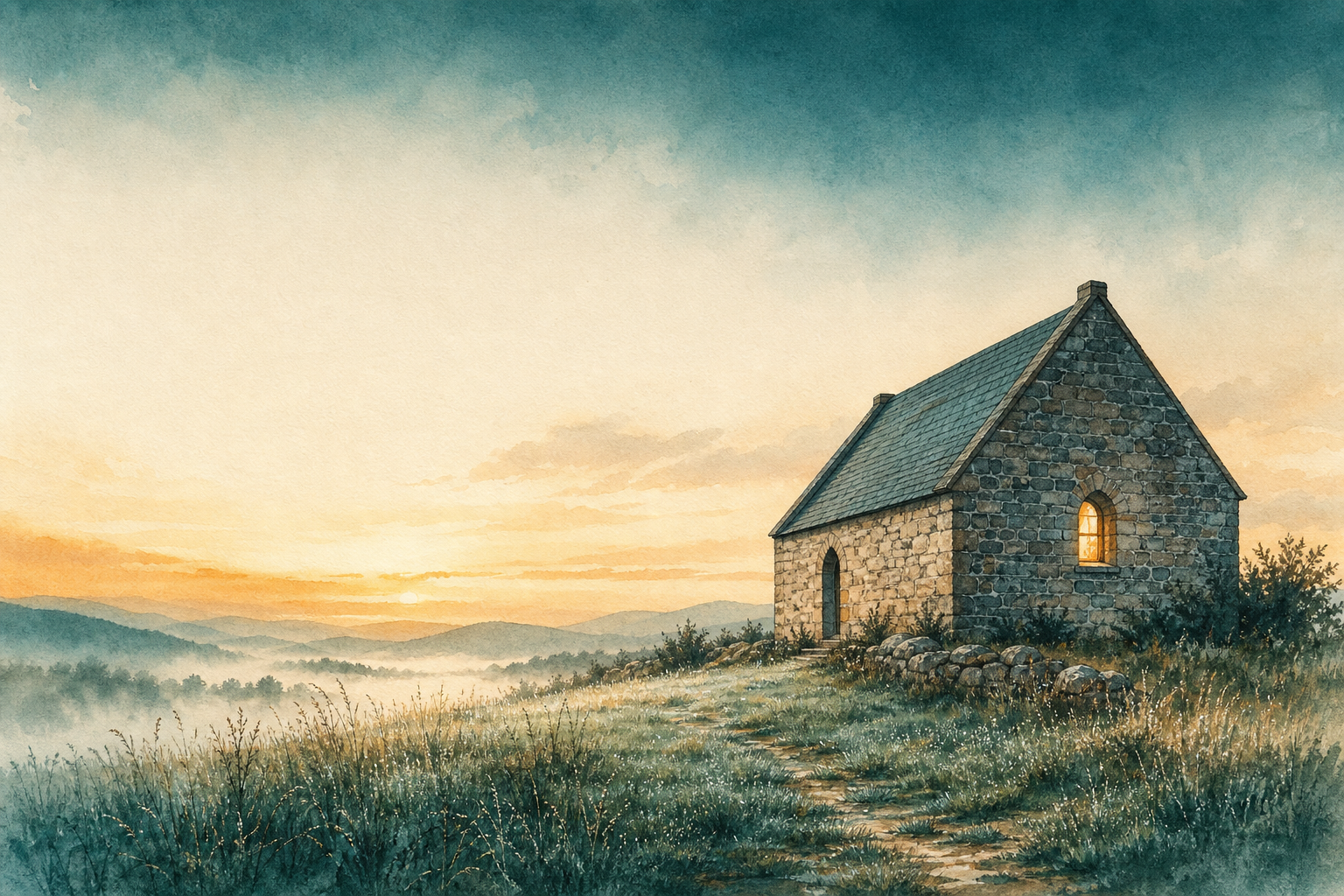 A quiet chapel in the soft light of dawn